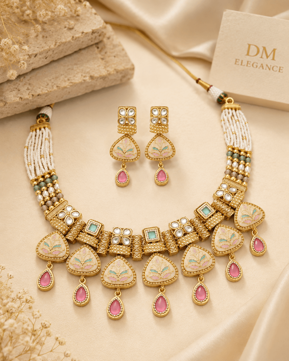 Pastel Meenakari Kundan Necklace Set with Pink Drops & Pearls – image 3