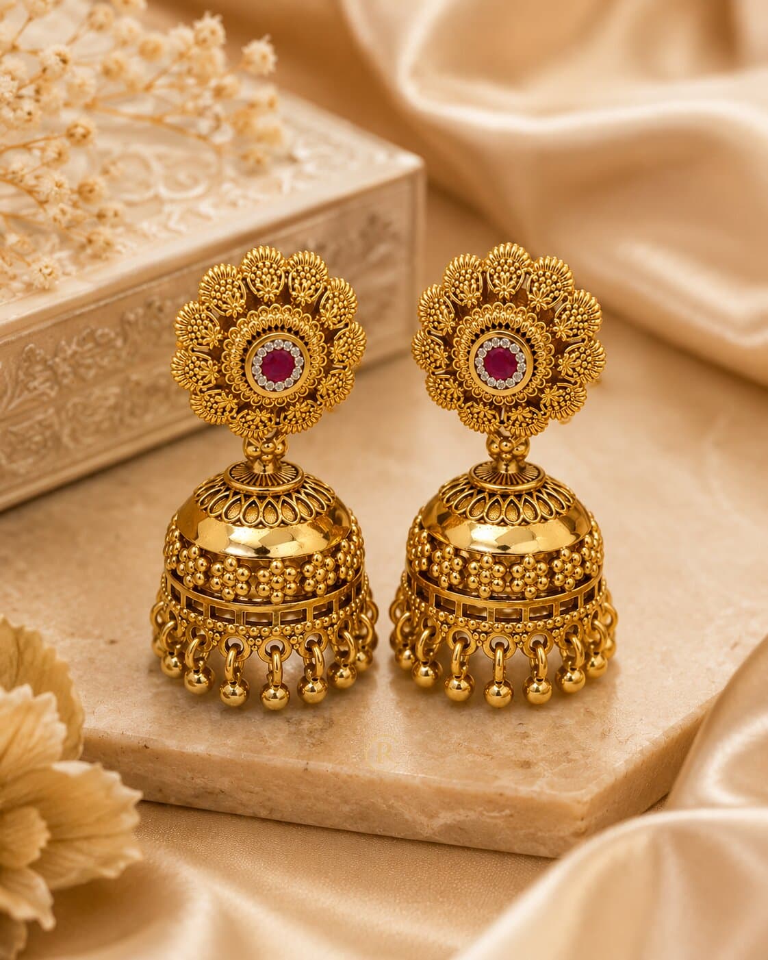 Antique Gold Jhumka Earrings with Ruby CZ & Gold Ball Drops – image 3