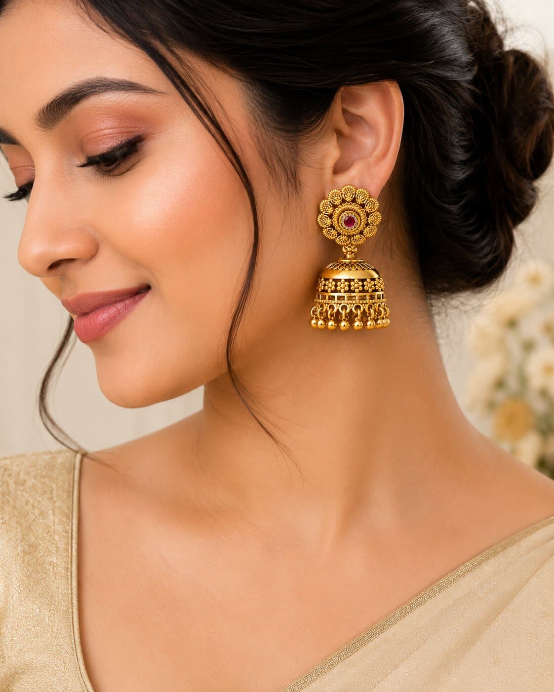 Antique Gold Jhumka Earrings with Ruby CZ & Gold Ball Drops – image 2
