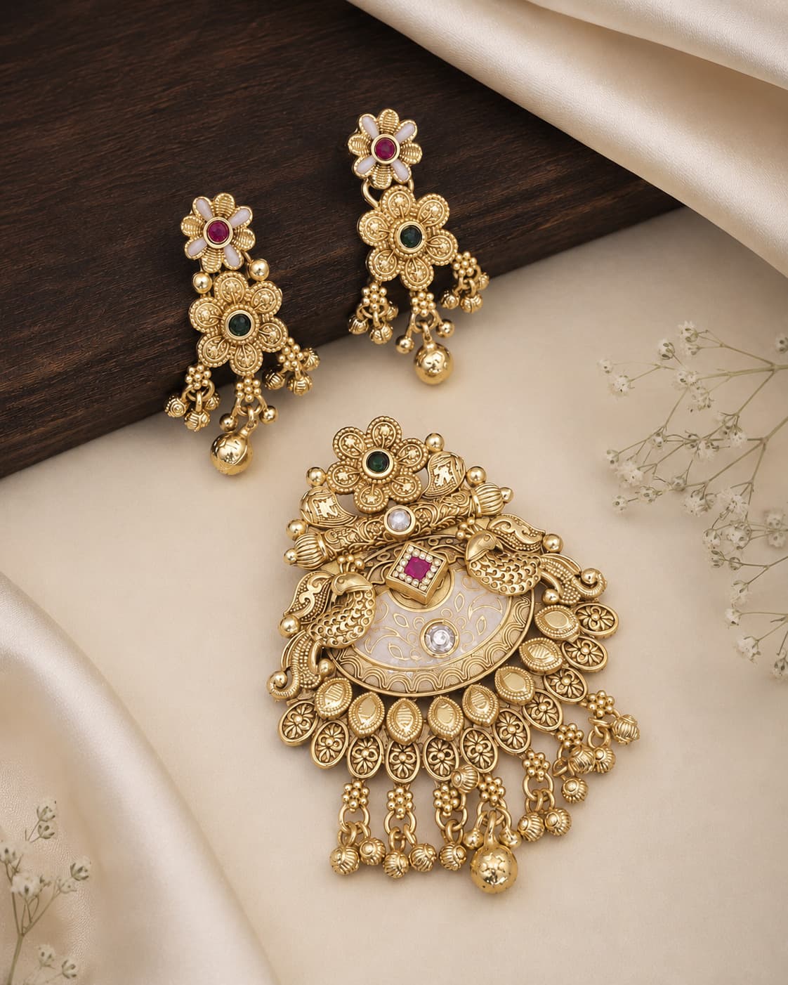Antique Gold Peacock Pendant Set with Mother-of-Pearl & Kundan Earrings – image 3