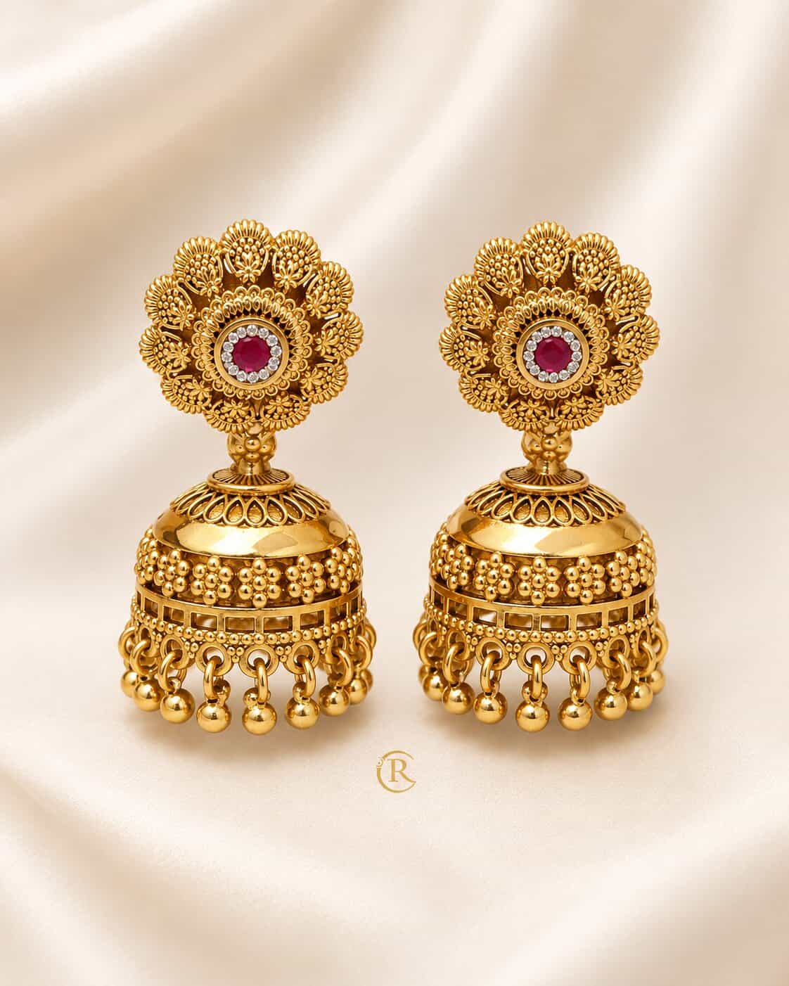 Antique Gold Jhumka Earrings with Ruby CZ & Gold Ball Drops