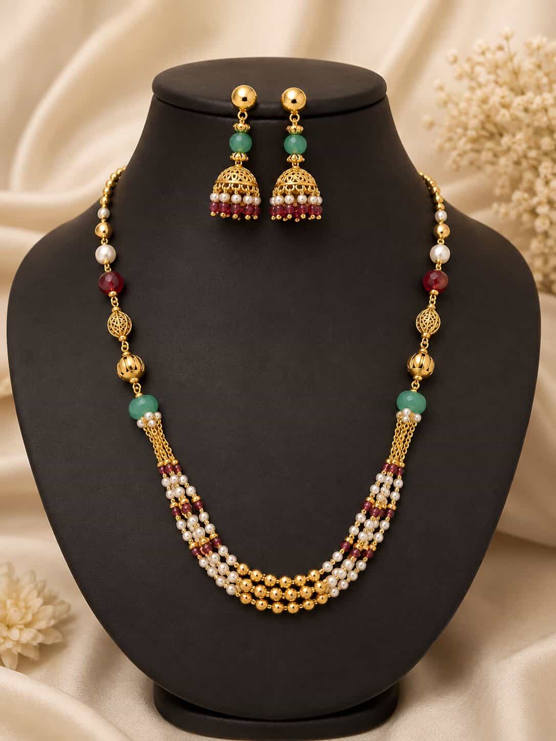 Antique Gold Beaded Necklace Set with Pearls & Jhumka Earrings