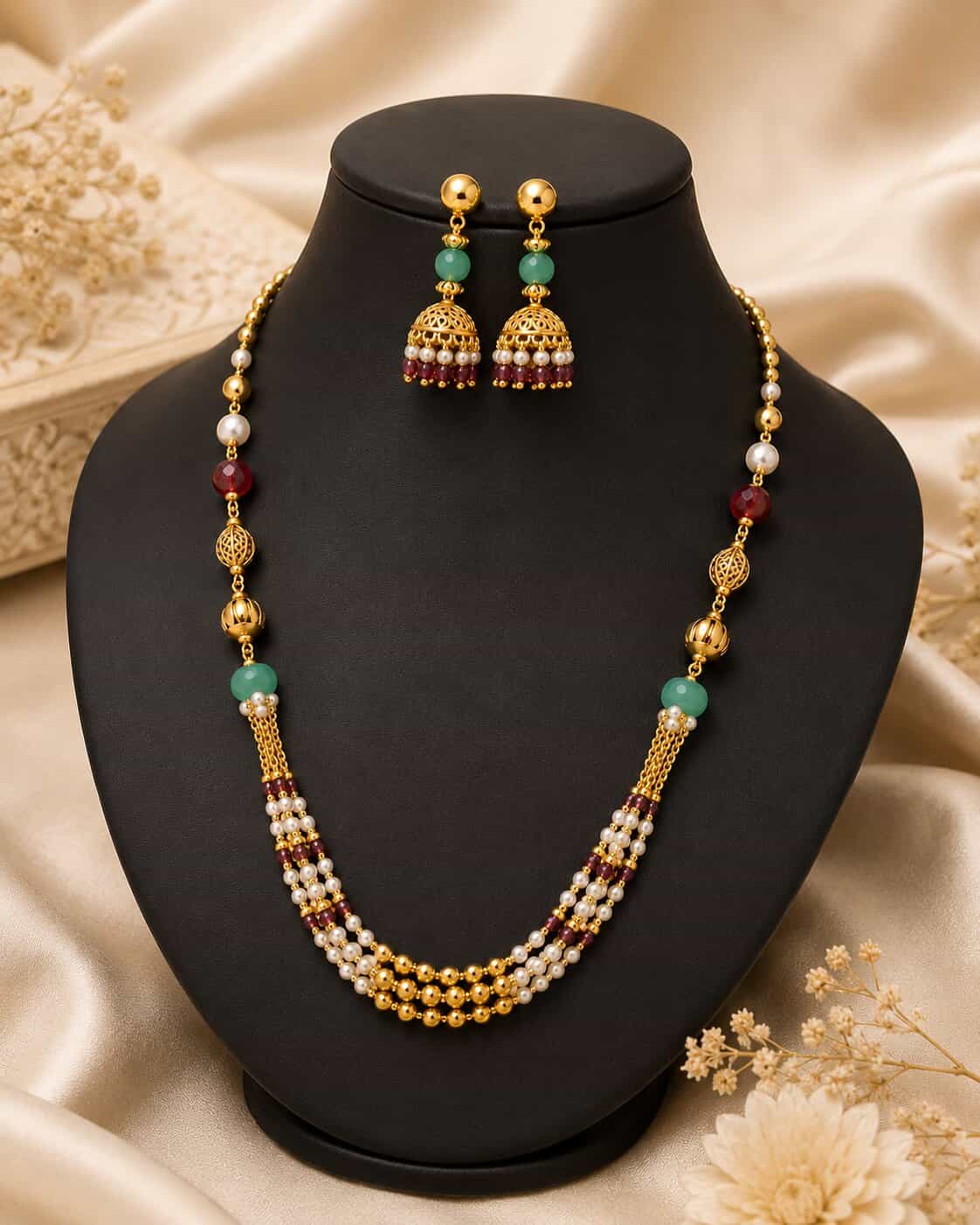 Antique Gold Beaded Necklace Set with Pearls & Jhumka Earrings