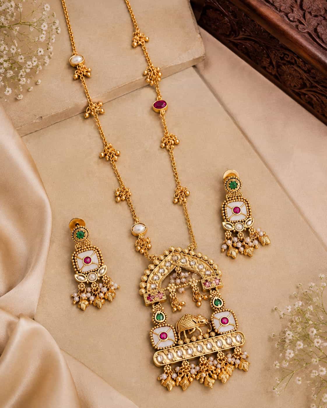 Antique Gold-Plated Temple Necklace Set with Elephant Motif & Kundan Stones