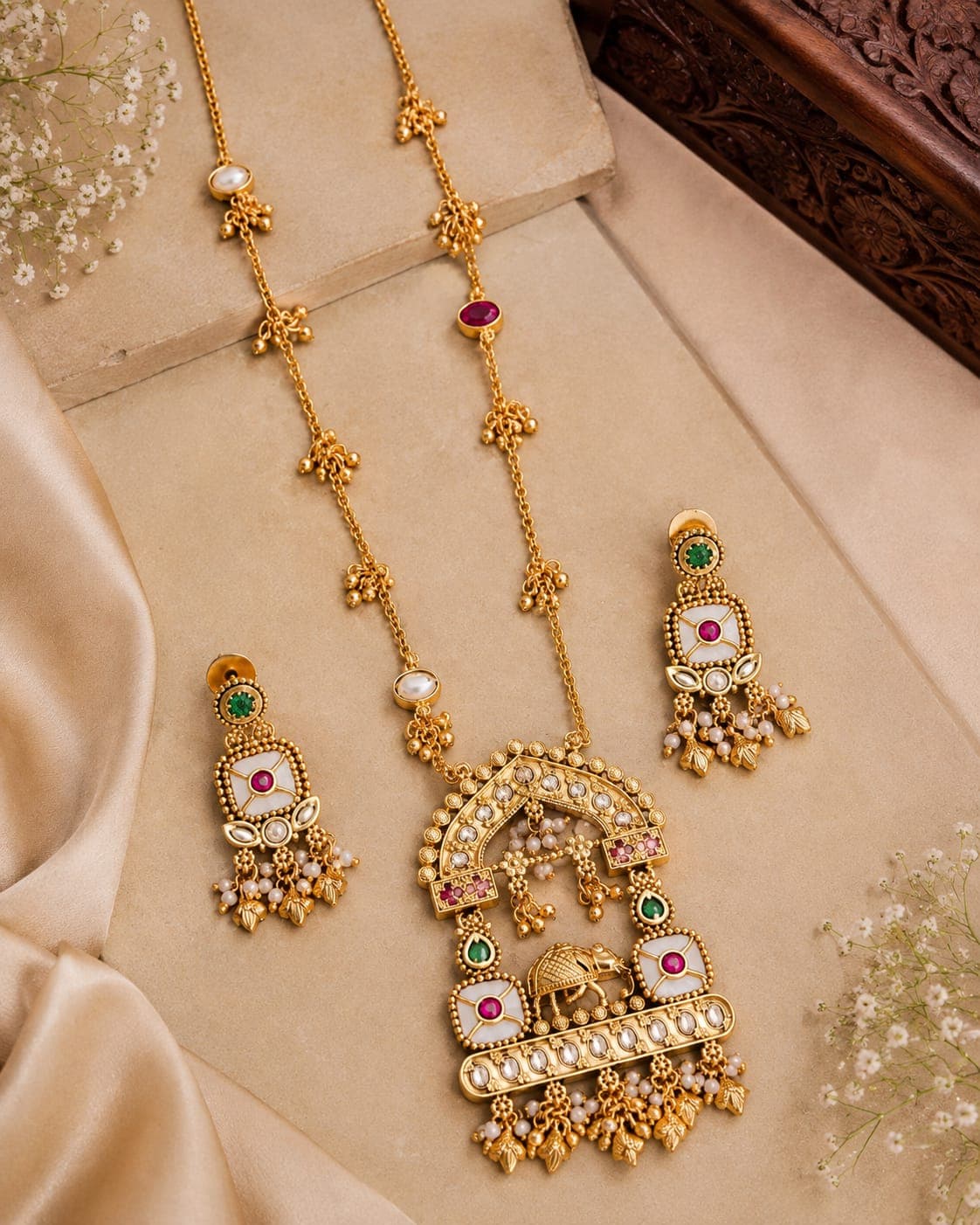 Antique Gold-Plated Temple Necklace Set with Elephant Motif & Kundan Stones