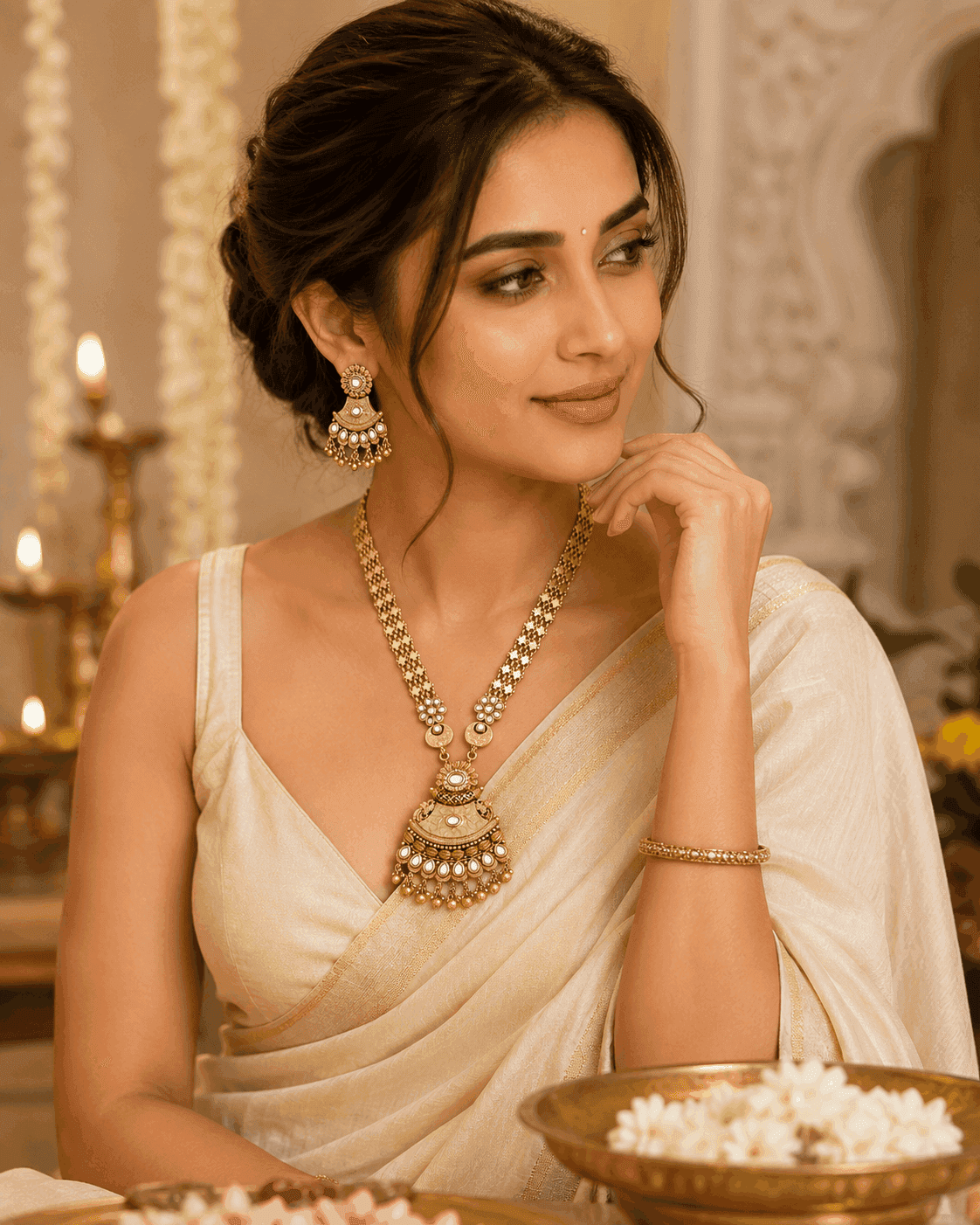 Antique Gold-Plated Long Necklace Set with Cream Meenakari & Kundan Stones