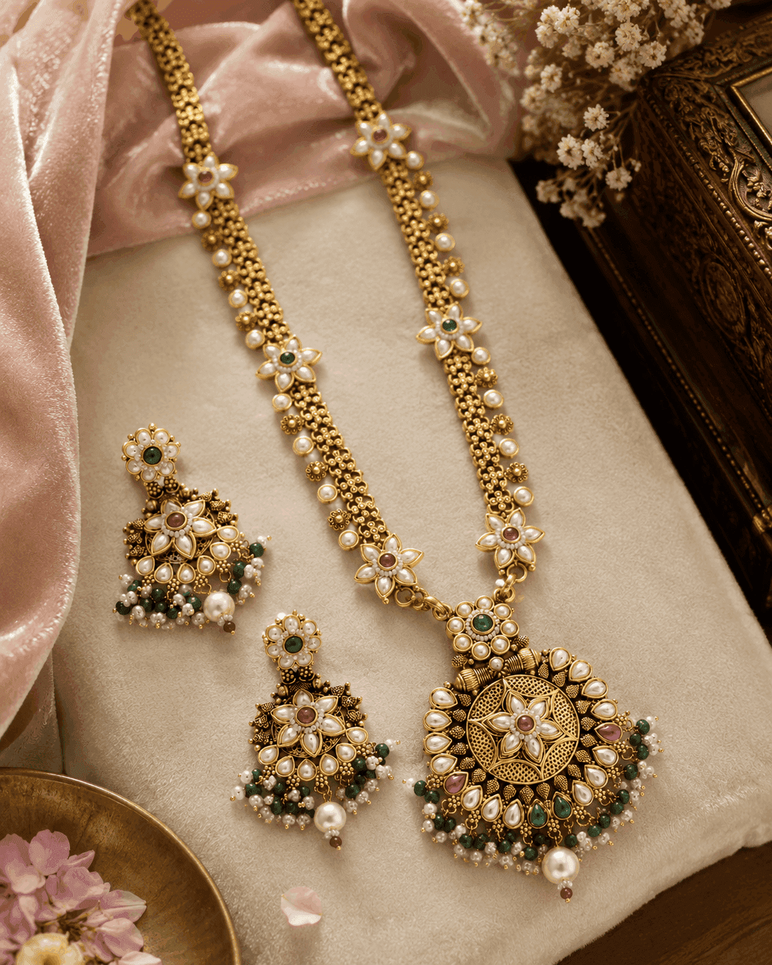 DM Antique Gold-Plated Long Necklace Set with Pearl Flowers, Ruby & Emerald Stones