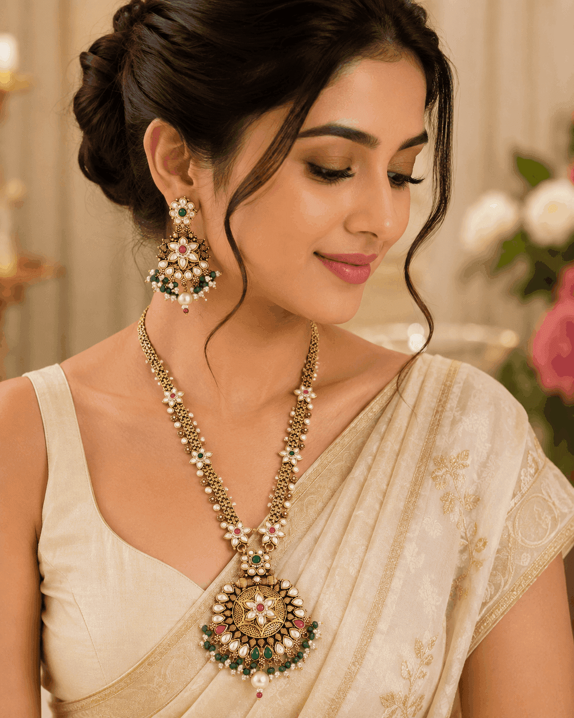 DM Antique Gold-Plated Long Necklace Set with Pearl Flowers, Ruby & Emerald Stones