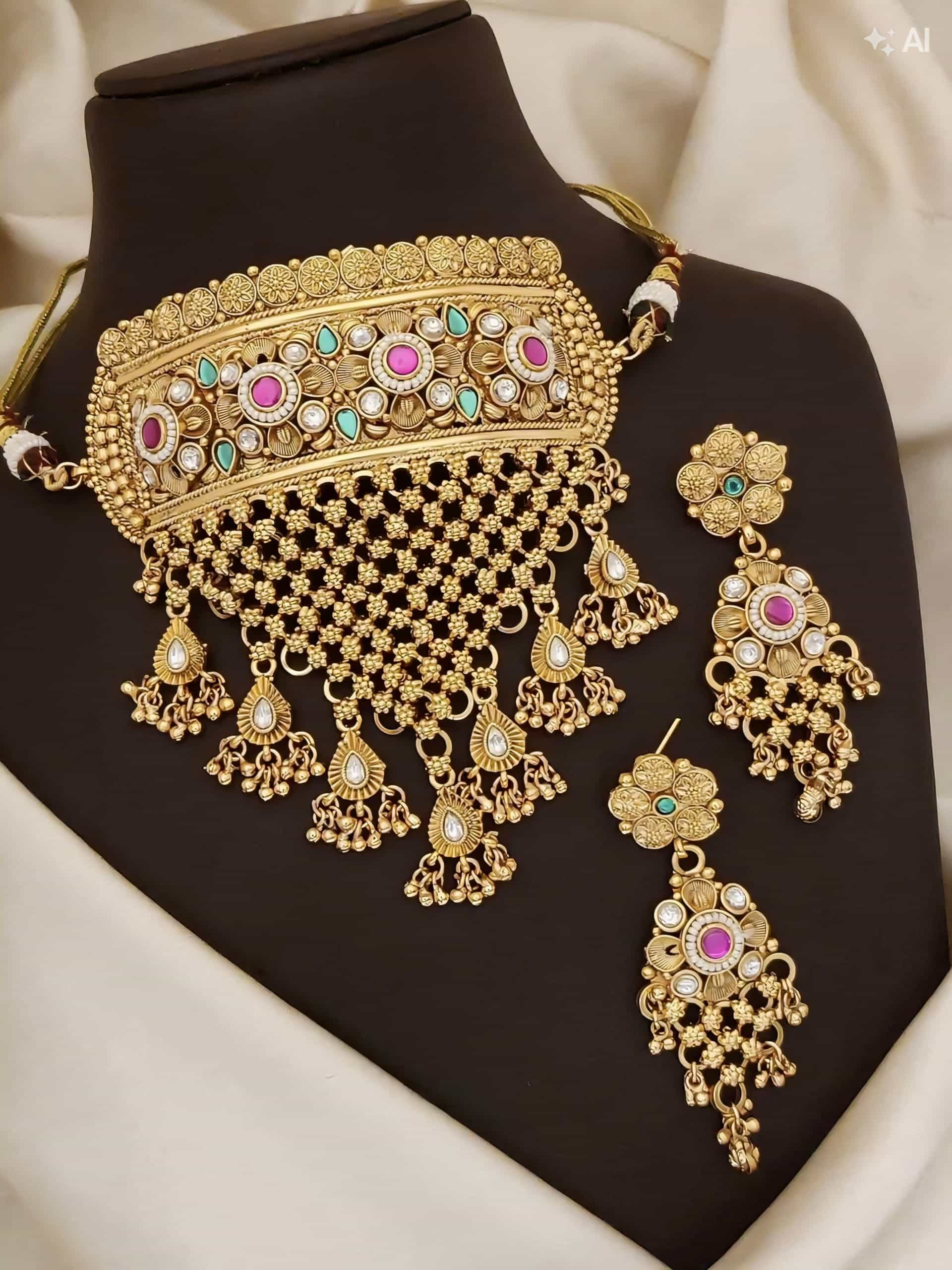 Rajwadi Antique Gold Bridal Choker Set with Earrings