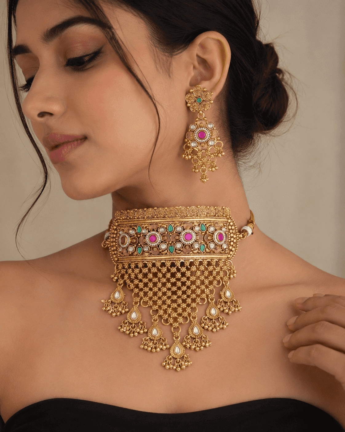 Rajwadi Antique Gold Bridal Choker Set with Earrings