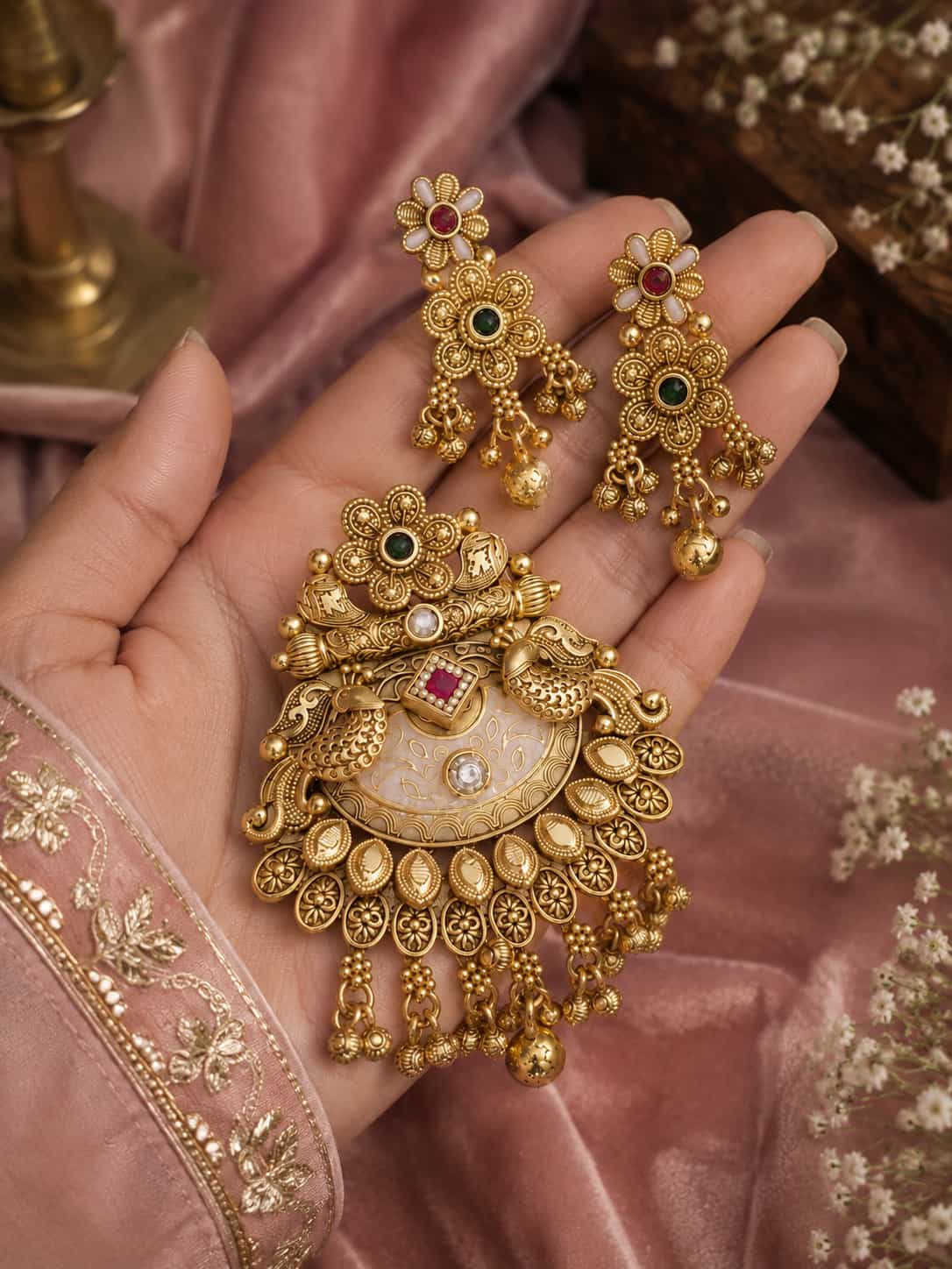 Antique Gold Peacock Pendant Set with Mother-of-Pearl & Kundan Earrings