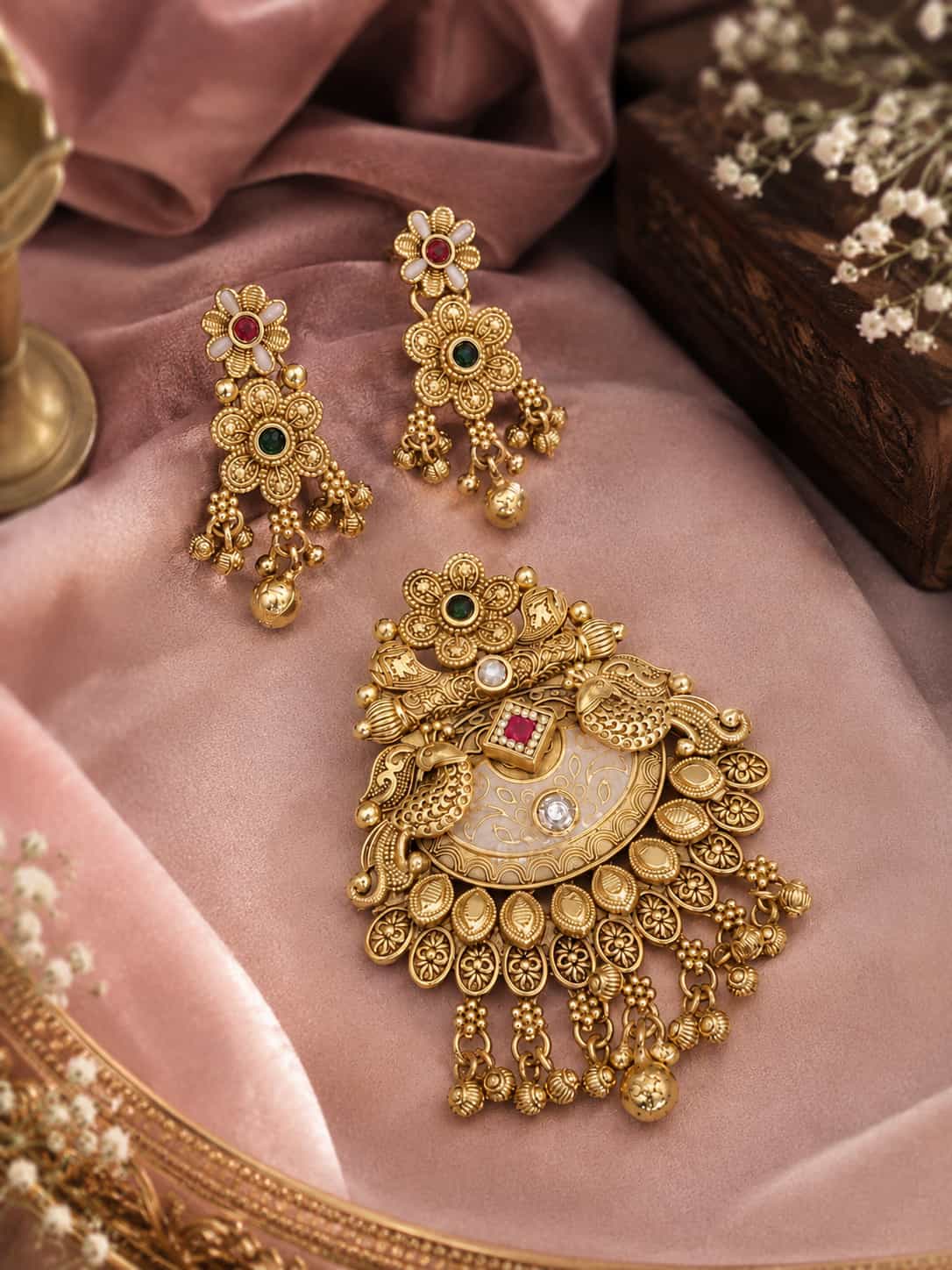 Antique Gold Peacock Pendant Set with Mother-of-Pearl & Kundan Earrings